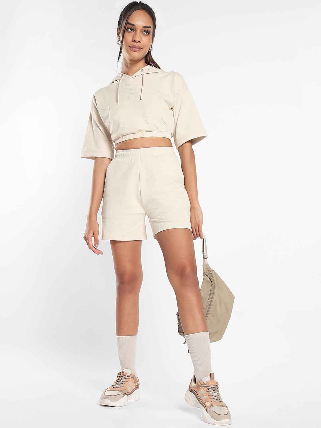

NOBERO Textured Hooded Crop Top & Shorts Co-Ords Set, Beige