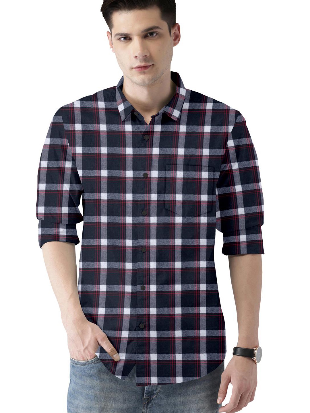 

ETHNIC TRENDZ Standard Tartan Checks Opaque Cotton Casual Shirt, Navy blue