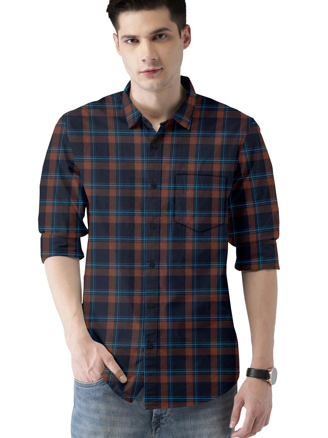 

ETHNIC TRENDZ Standard Tartan Checks Opaque Cotton Casual Shirt, Navy blue