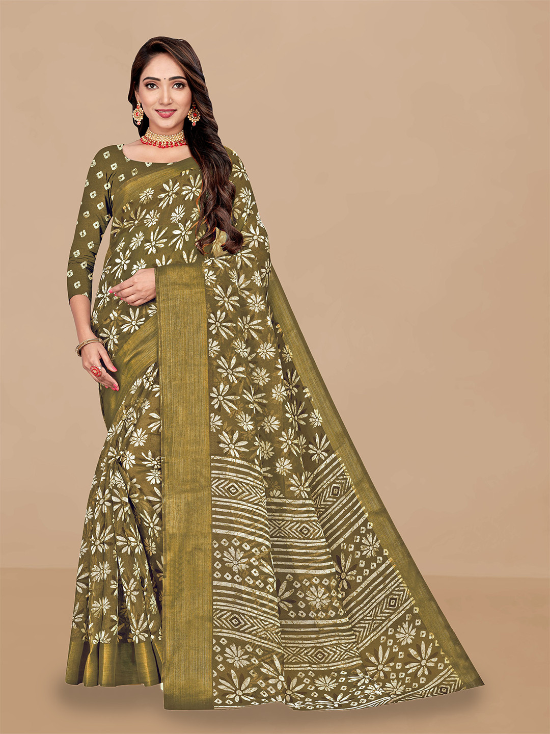 

Dori Floral Printed Zari Kota Saree, Olive