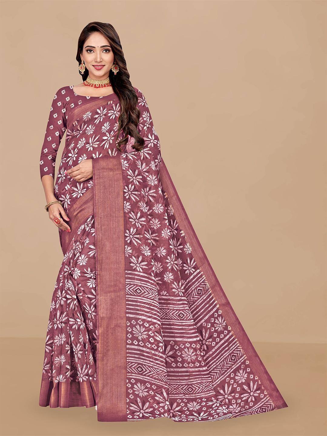 

Dori Floral Batik Printed Zari Kota Silk Saree, Peach