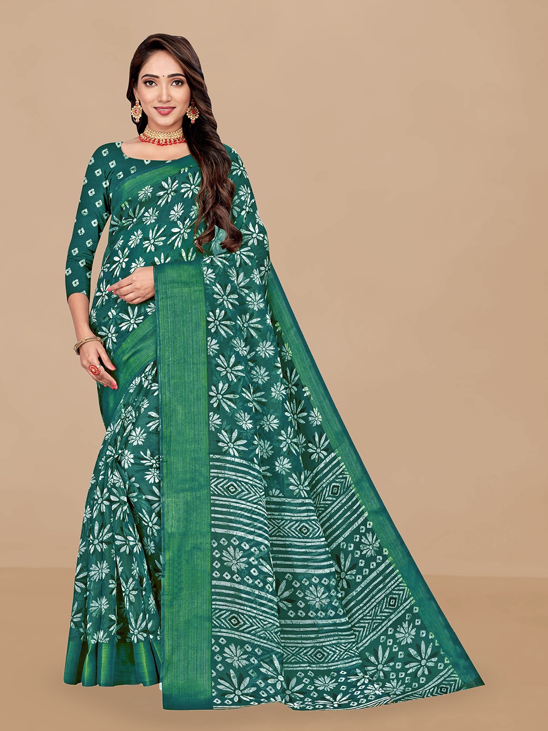 

Dori Floral Print Zari Cotton Blend Saree With Blouse Piece, Green