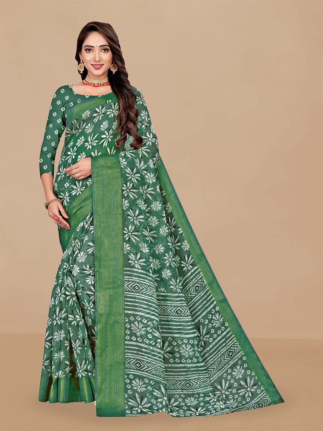 

Dori Floral Printed Zari Kota Silk Saree, Green