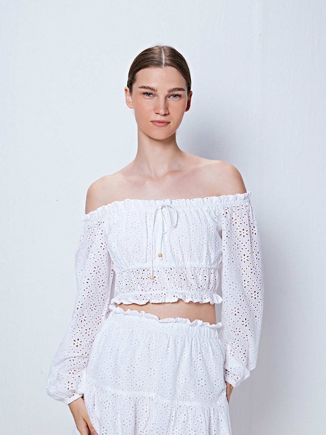 

COVER STORY White Striped Off-Shoulder Puff Sleeve Cotton Schiffli Bardot Crop Top