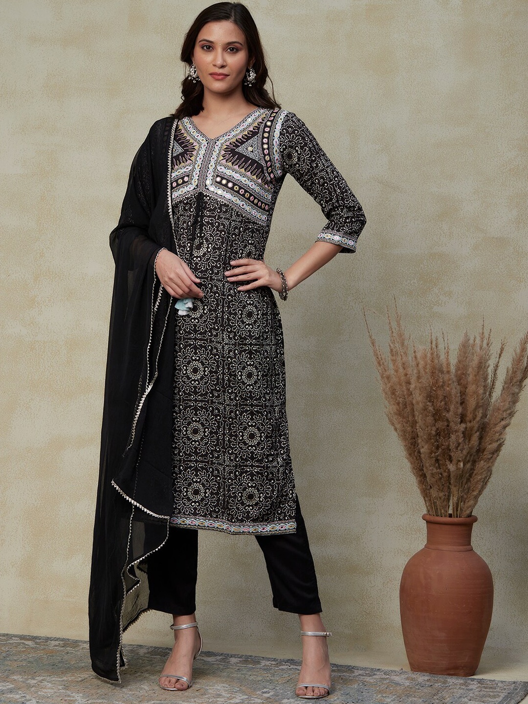 

FASHOR Black Ethnic Motifs Printed Mirror Work Kurta with Trousers & With Dupatta