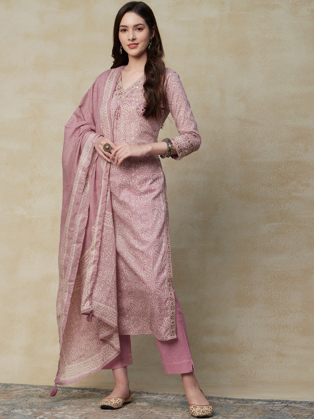 

FASHOR Pink Paisley Printed V-Neck Mirror Work Pure Cotton Kurta with Trousers & Dupatta