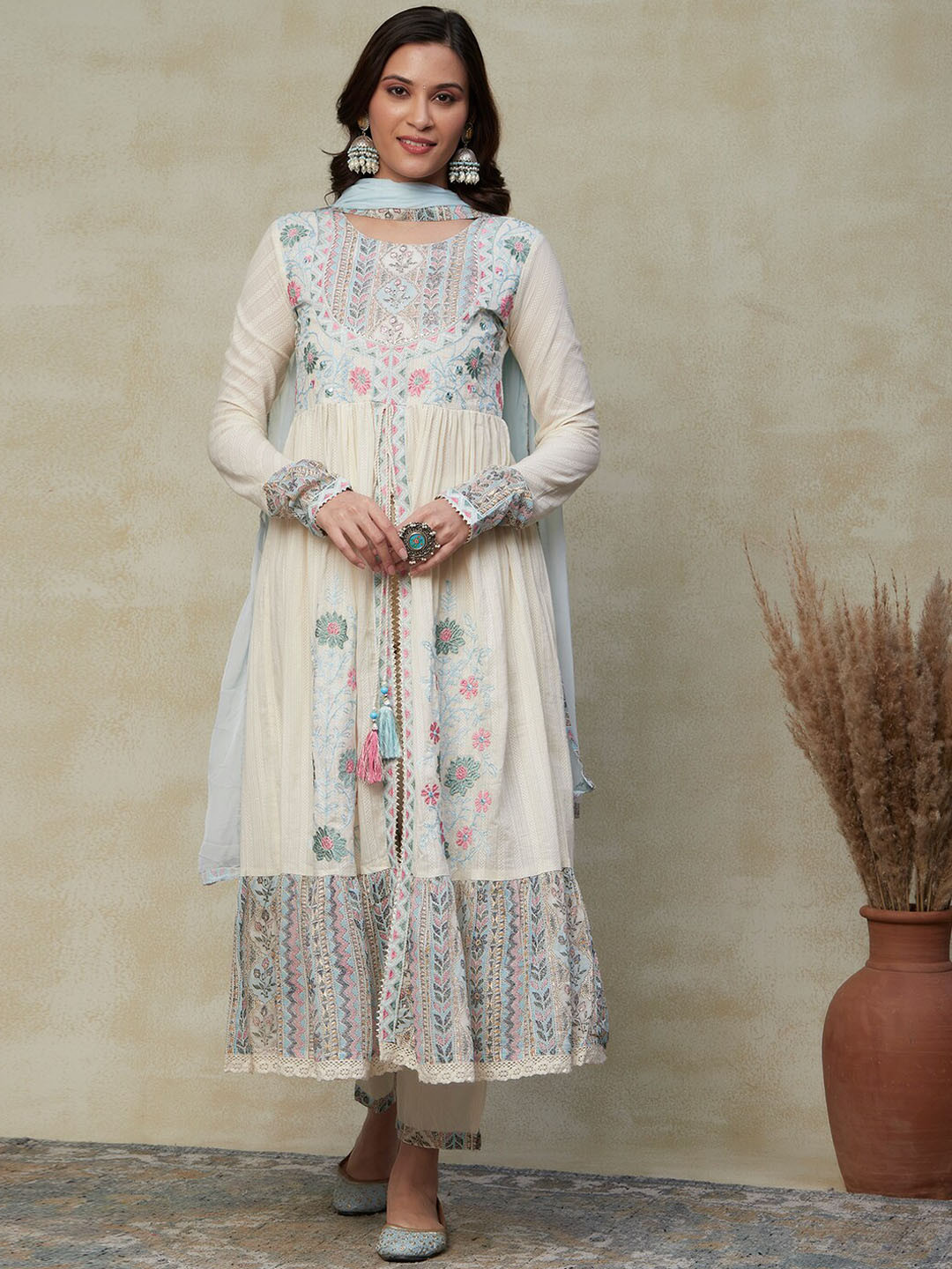 

FASHOR Off White Floral Anarkali Pure Cotton Kurta with Trousers & With Dupatta