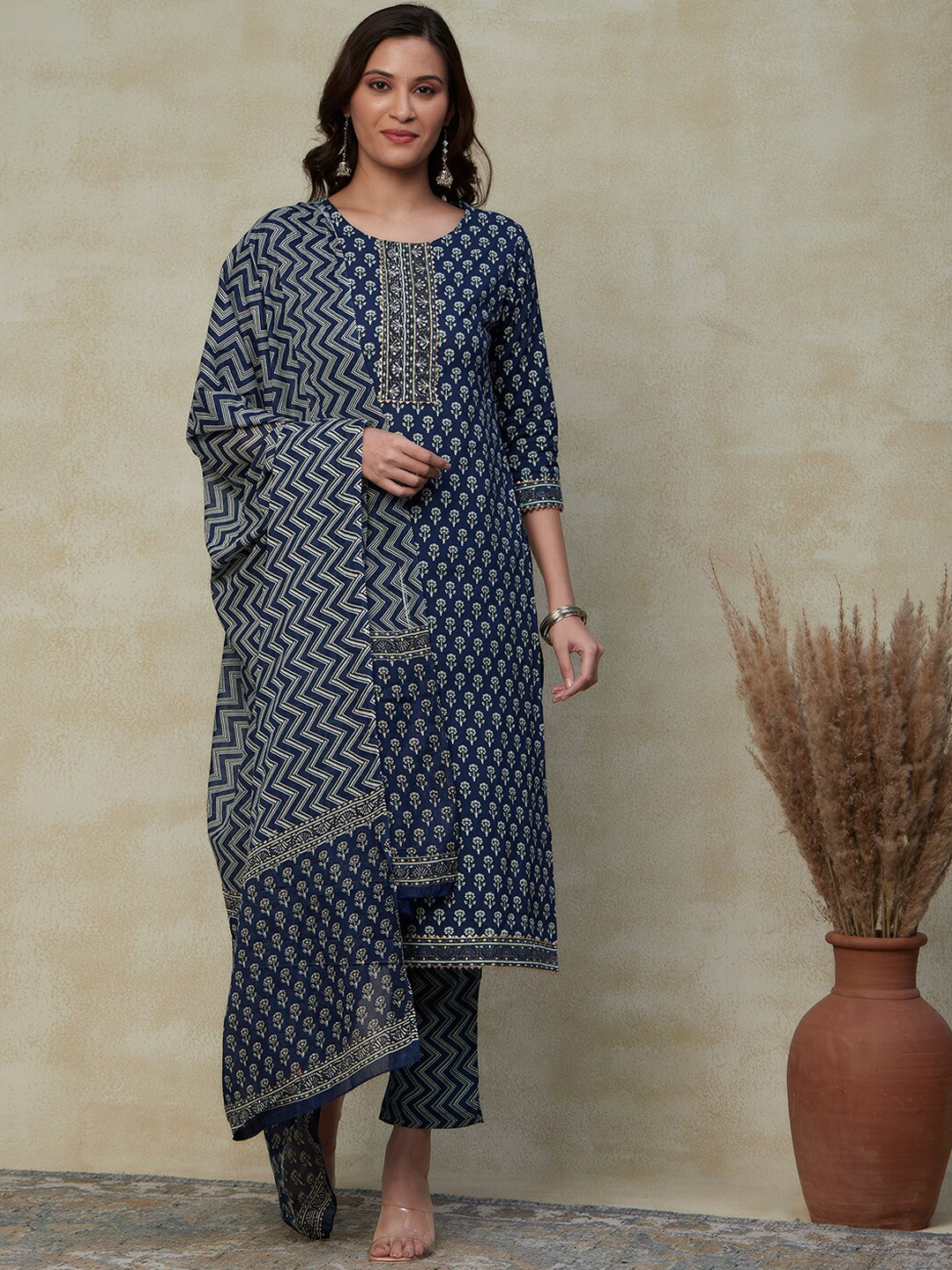 

FASHOR Blue Block Print Pure Cotton Kurta With Trousers & Dupatta