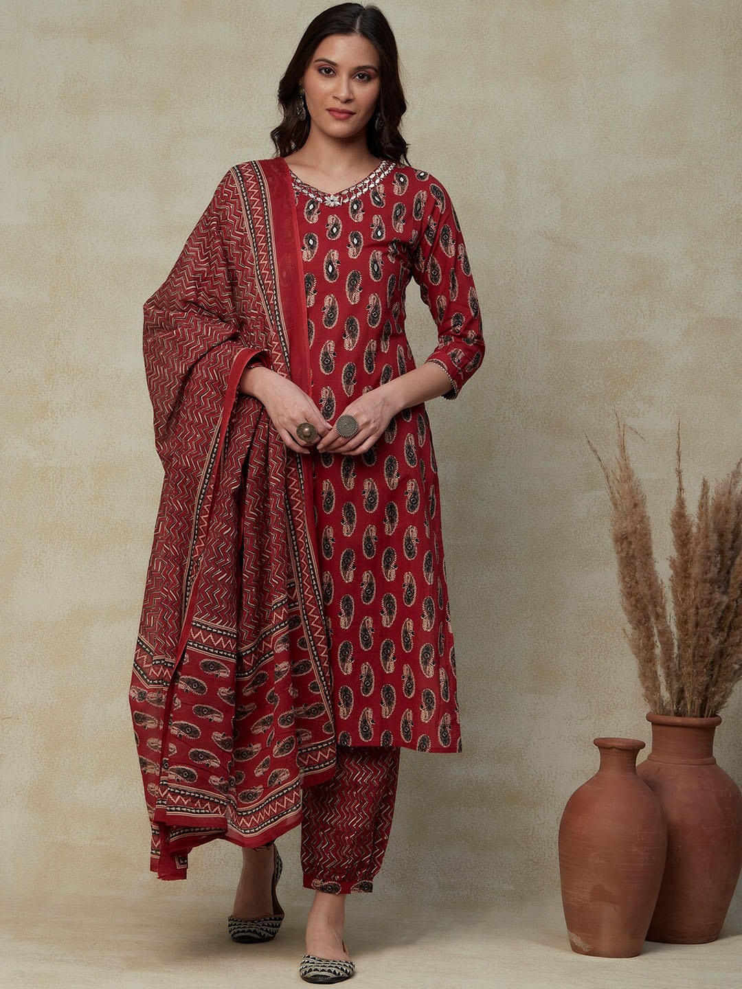 

FASHOR Maroon Paisley Printed Pure Cotton Kurta with Salwar & With Dupatta