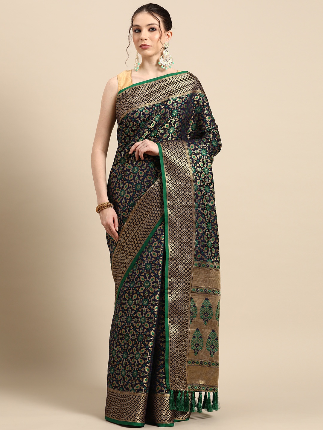 

Tasarika Ethnic Motifs Zari Silk Blend Patola Saree, Navy blue