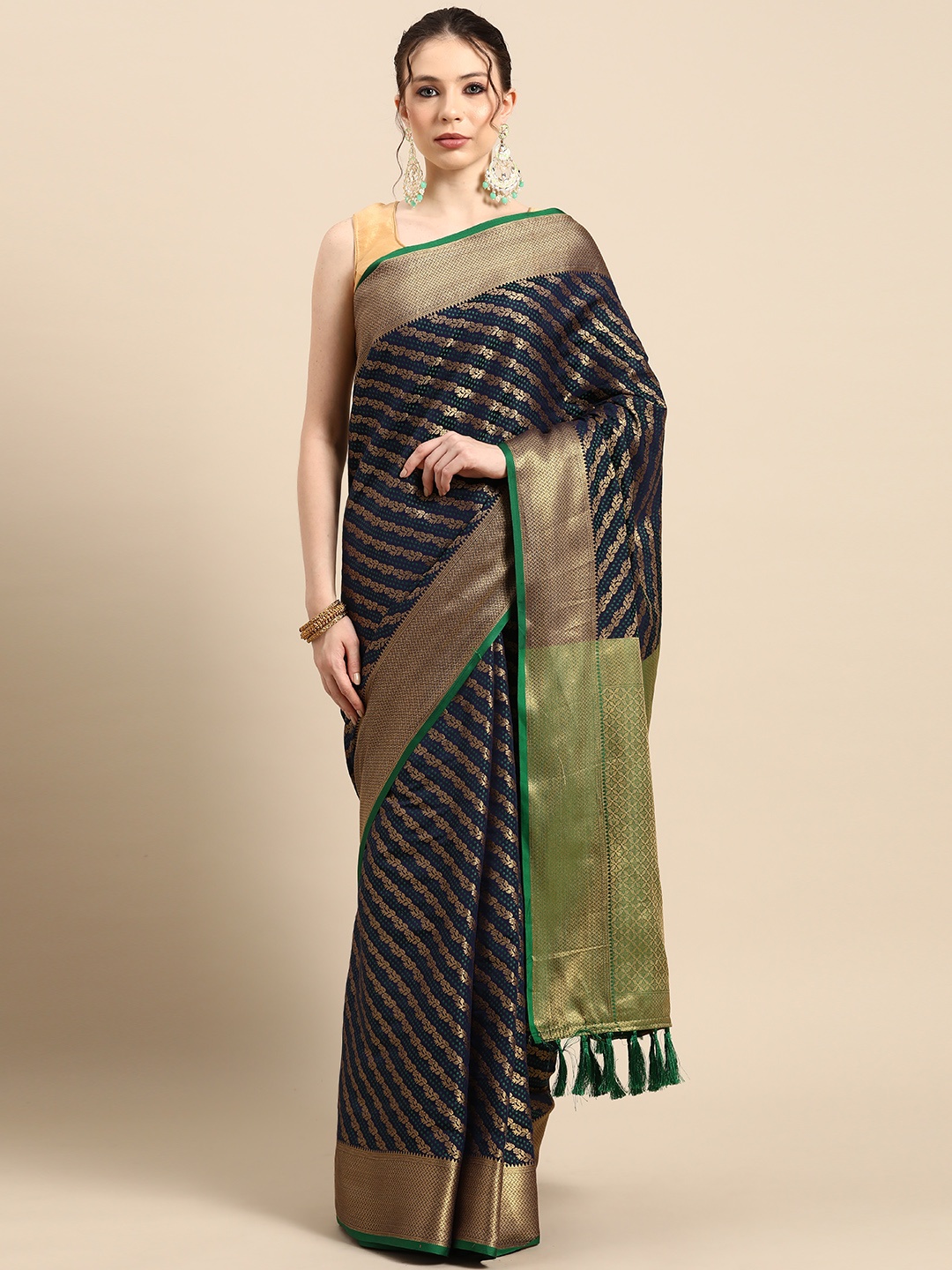 

Tasarika Leheriya Zari Silk Blend Patola Saree, Navy blue