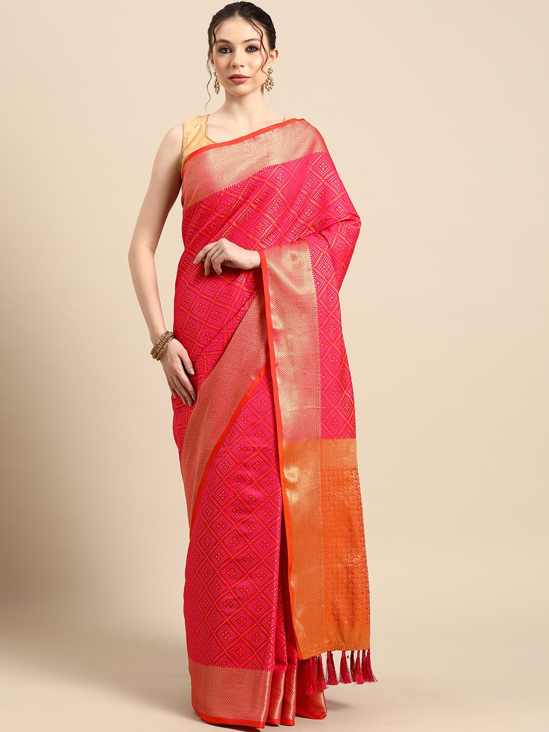 

Tasarika Bandhani Woven Design Zari Patola Saree, Pink
