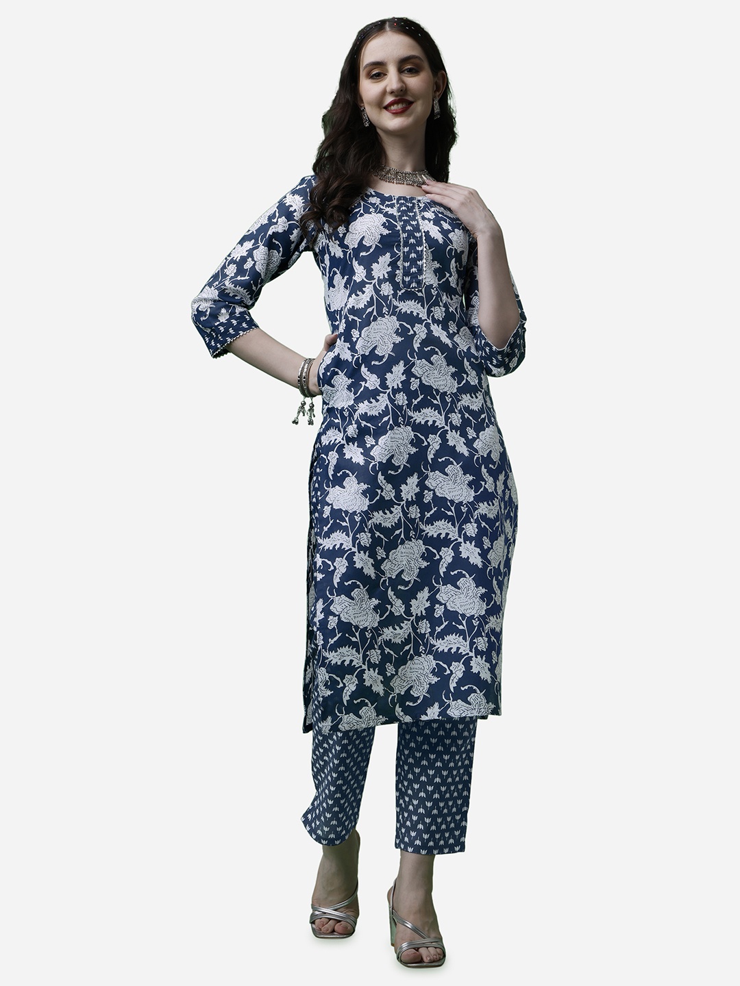 

RAISIN Floral Printed Pure Cotton Straight Kurta With Trousers, Navy blue