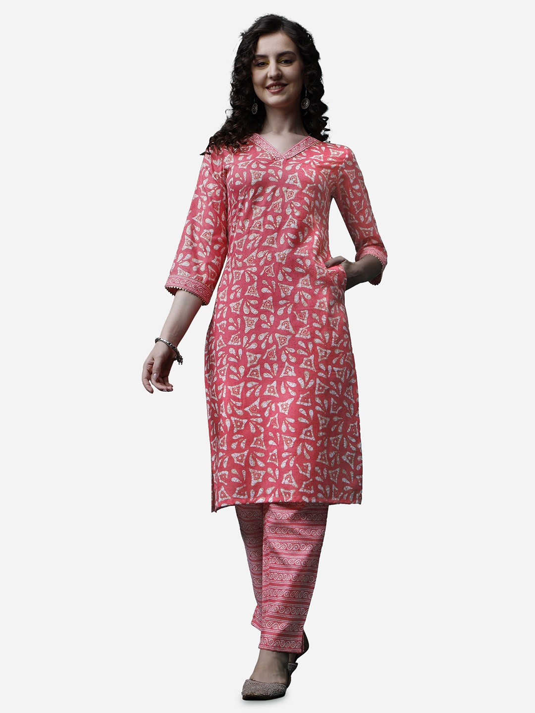 

RAISIN Ethnic Motifs Printed Pure Cotton Straight Kurta With Trousers, Pink