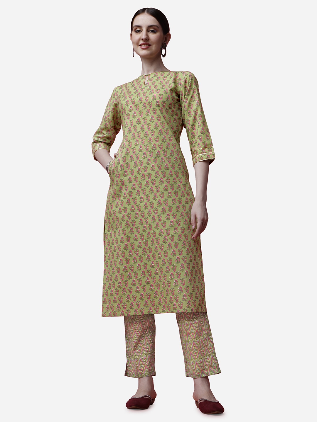 

RAISIN Floral Printed Pure Cotton Straight Kurta With Trousers, Green