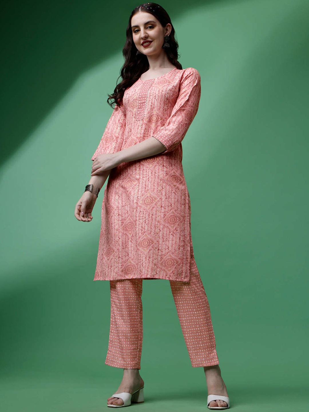 

RAISIN Ethnic Motifs Printed Pure Cotton Straight Kurta With Trousers, Peach