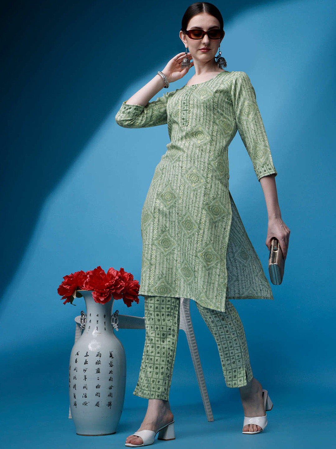 

RAISIN Ethnic Printed Regular Pure Cotton Kurta With Trousers, Green