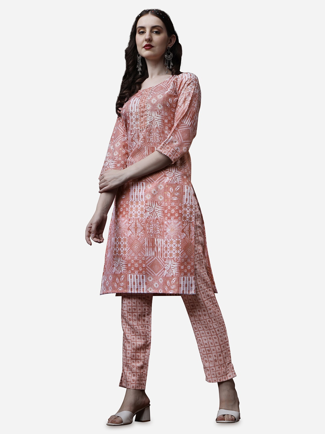 

RAISIN Ethnic Motifs Printed Pure Cotton Kurta With Trousers, Peach