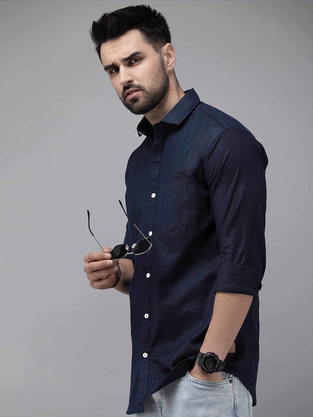 

Roadster Men Slim Fit Opaque Casual Shirt, Navy blue