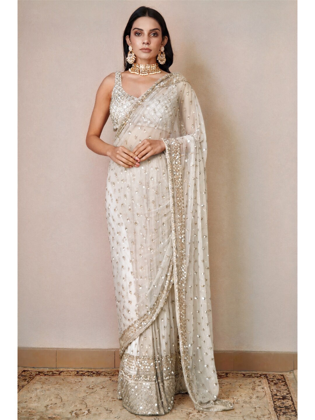 

Angroop Embellished Sequinned Net Saree, Off white