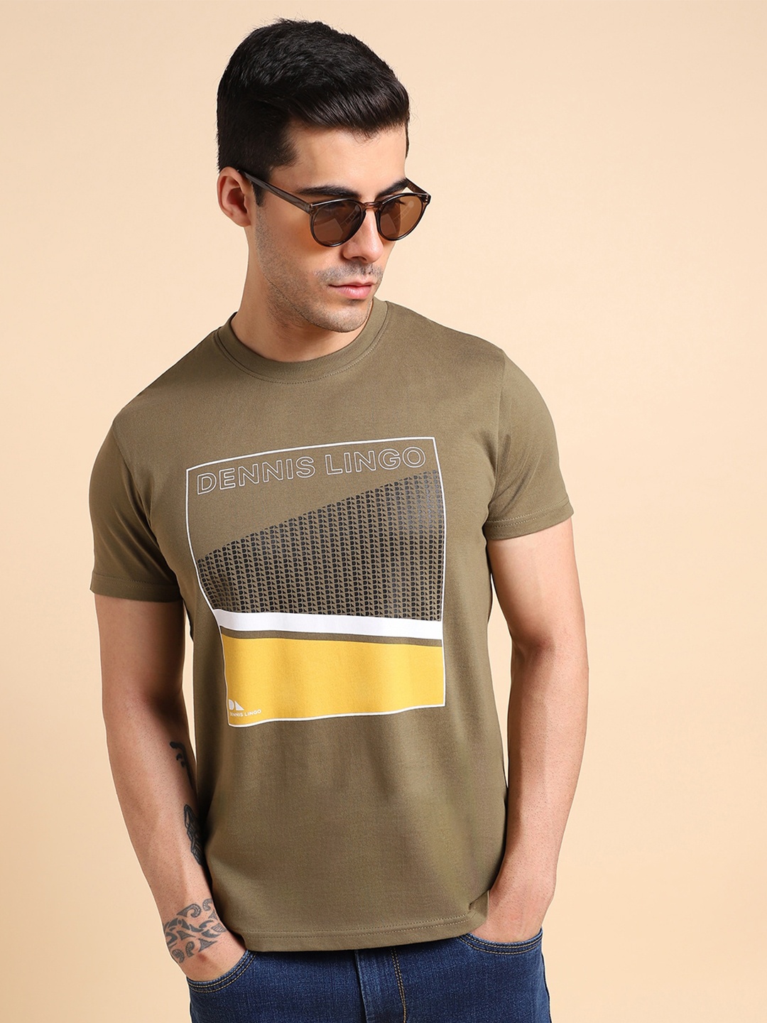 

Dennis Lingo Geometric Printed Pure Cotton Slim Fit T-shirt, Olive