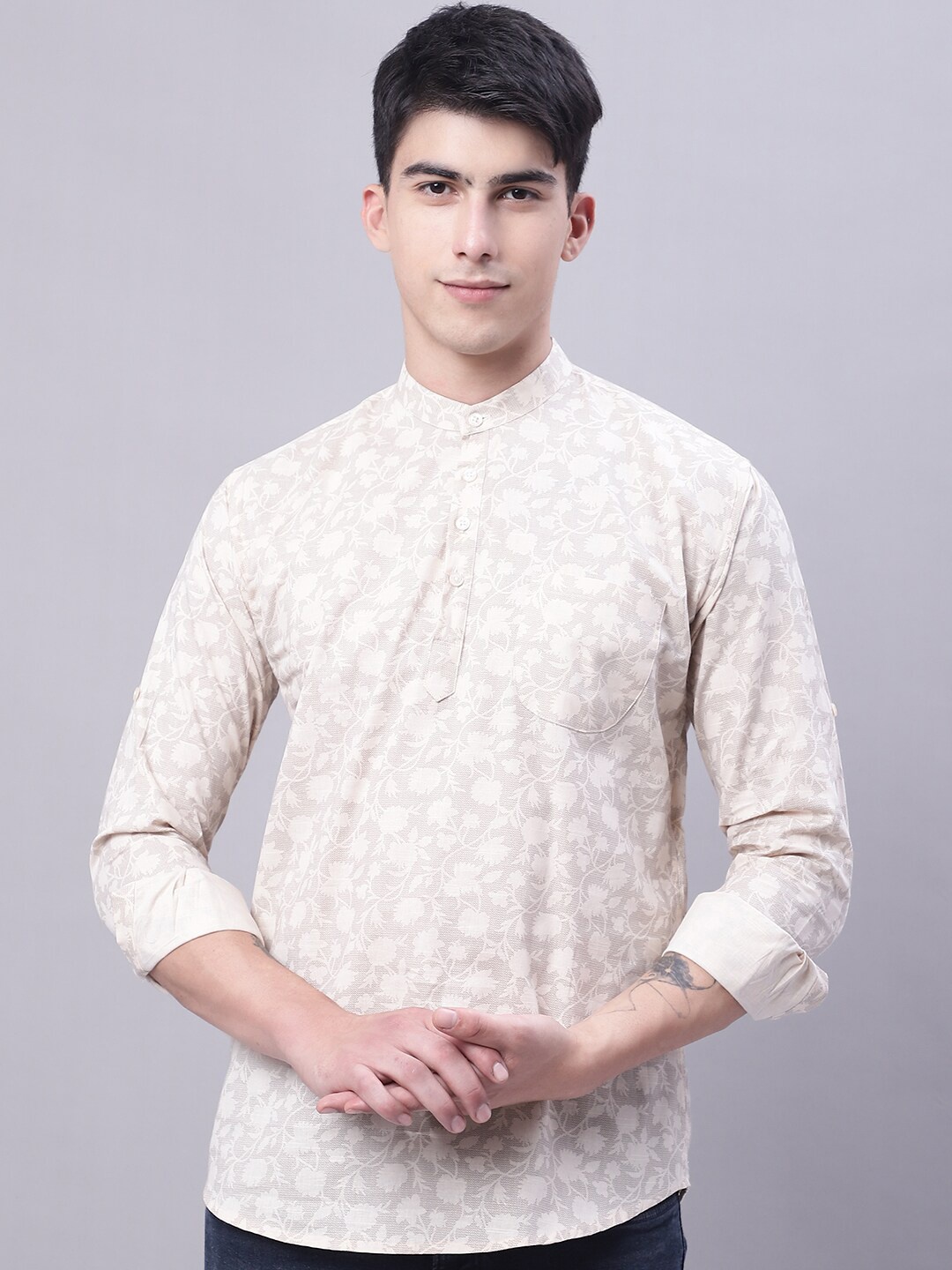 

Majestic Man Ethnic Motifs Printed Pure Cotton Short Kurta, Cream