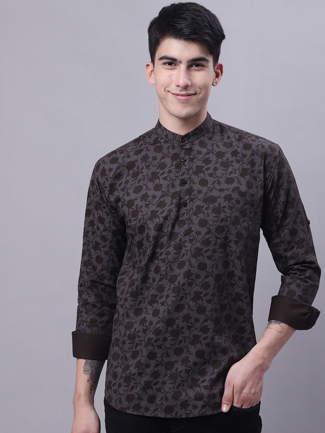 

Majestic Man Ethnic Motifs Printed Pure Cotton Short Kurta, Coffee brown