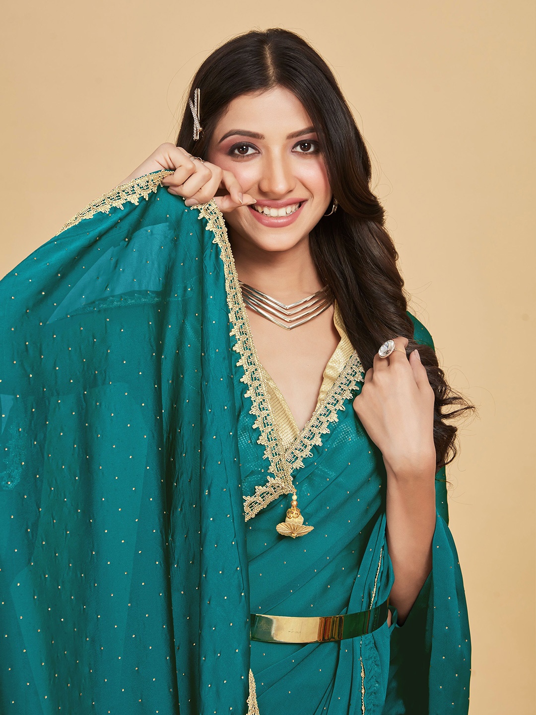 

Sangria Green Beads and Stones Embroidered Saree
