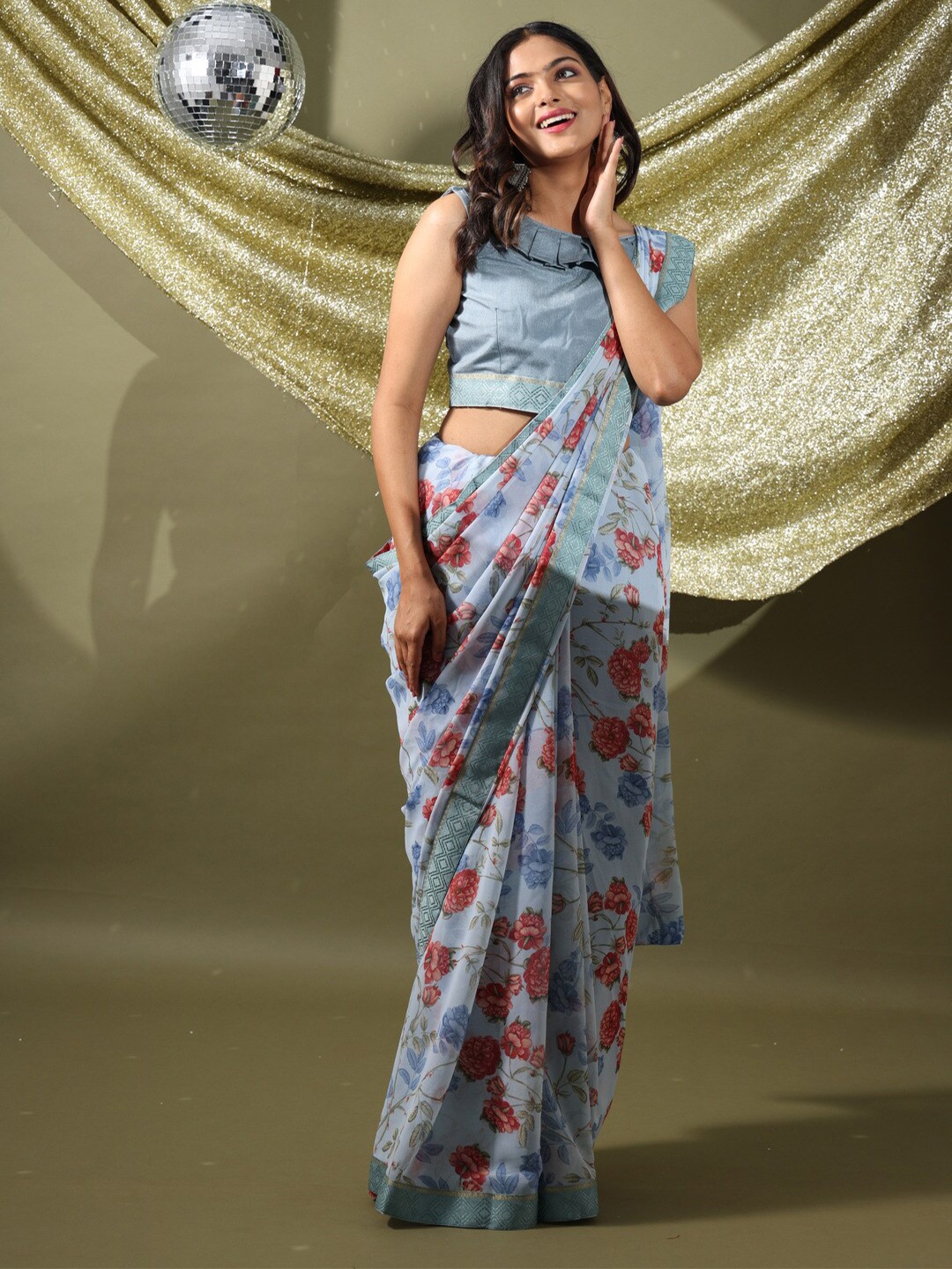 

Atulyam Tex World Floral Printed Poly Georgette Saree, Blue