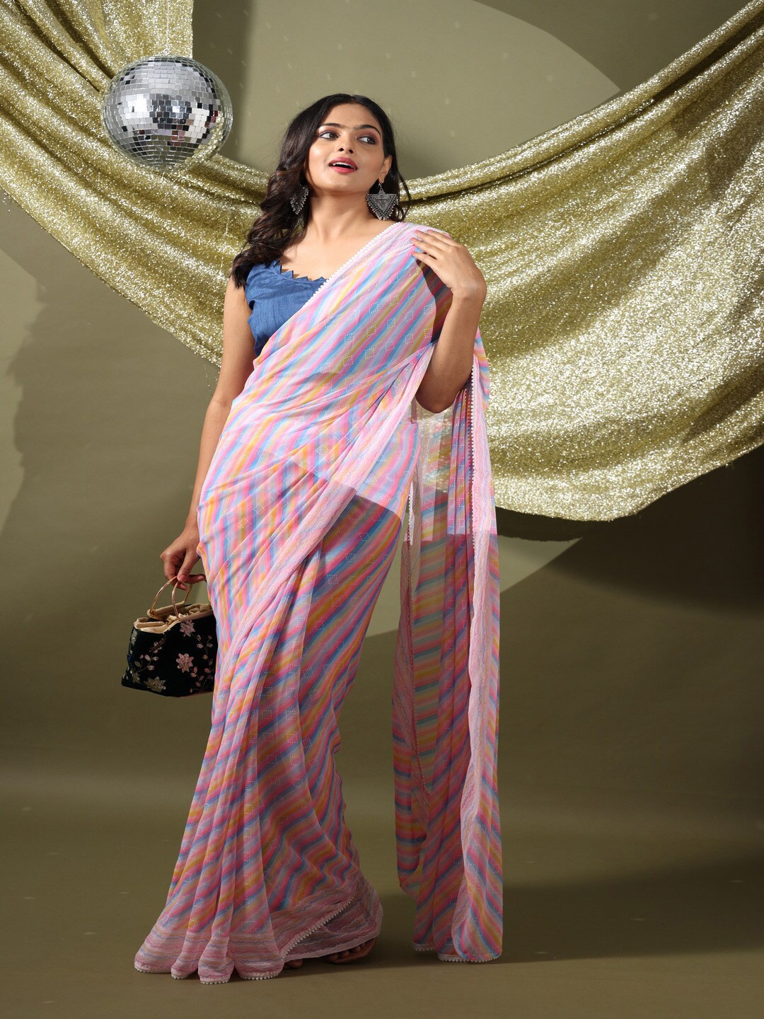 

Atulyam Tex World Striped Poly Georgette Saree, Blue