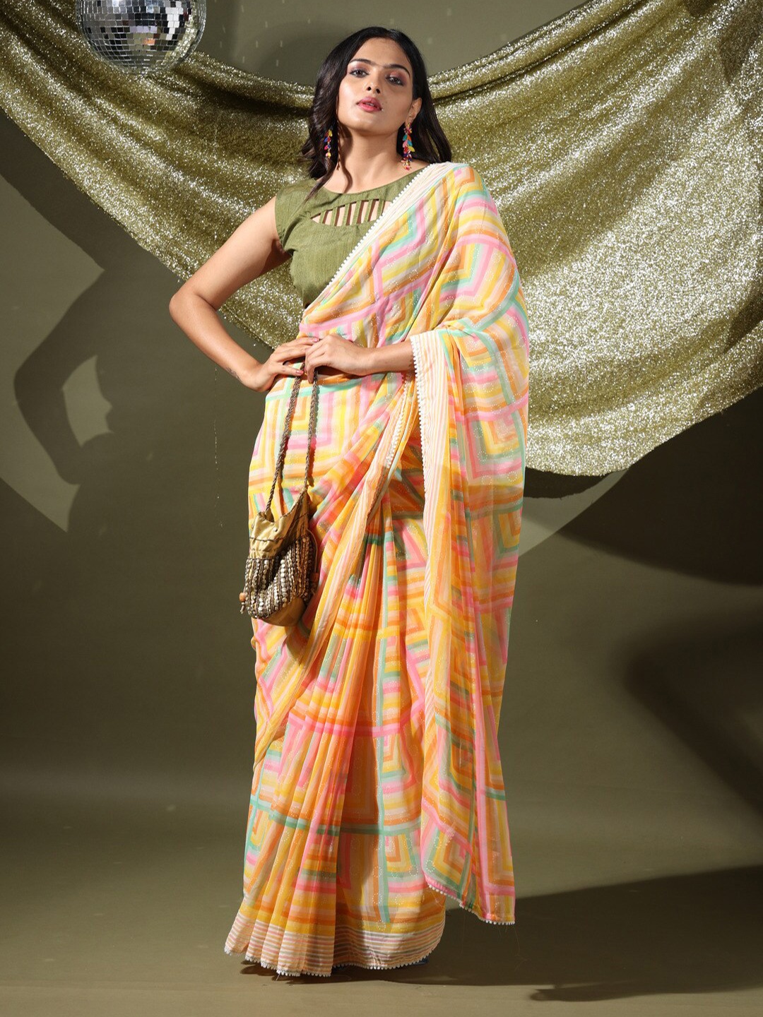 

Atulyam Tex World Geometric Printed Poly Georgette Saree, Yellow