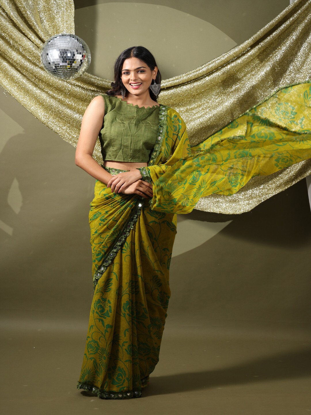 

Atulyam Tex World Floral Printed Mirror Work Poly Georgette Saree, Olive
