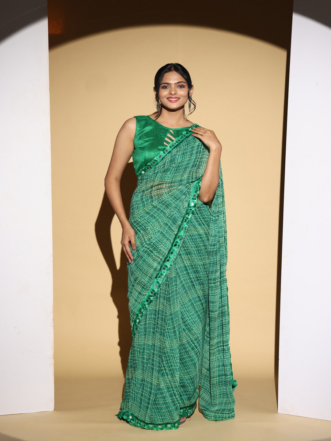 

Atulyam Tex World Striped Mirror Work Poly Georgette Saree, Green