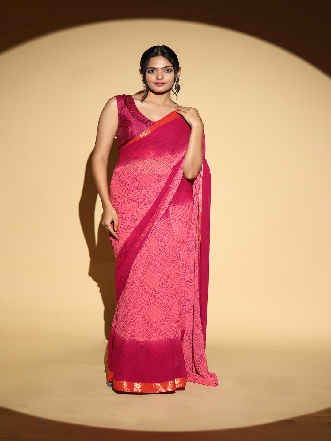 

Atulyam Tex World Bandhani Zari Poly Georgette Saree, Pink