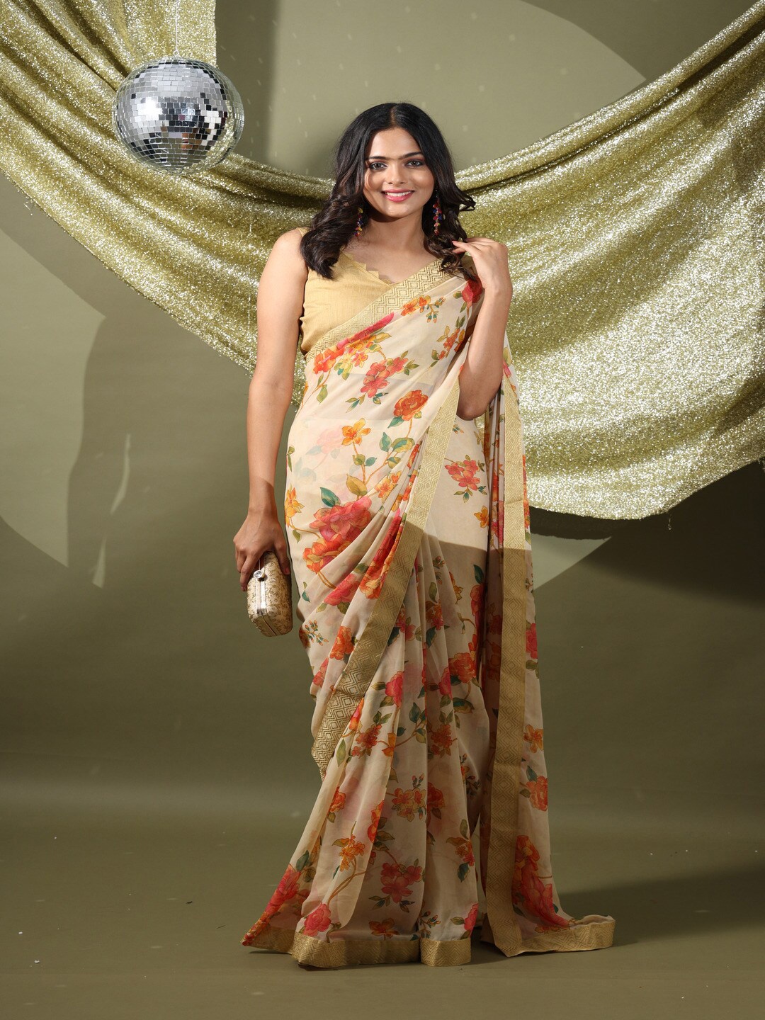 

Atulyam Tex World Floral Printed Zari Poly Georgette Saree, Cream