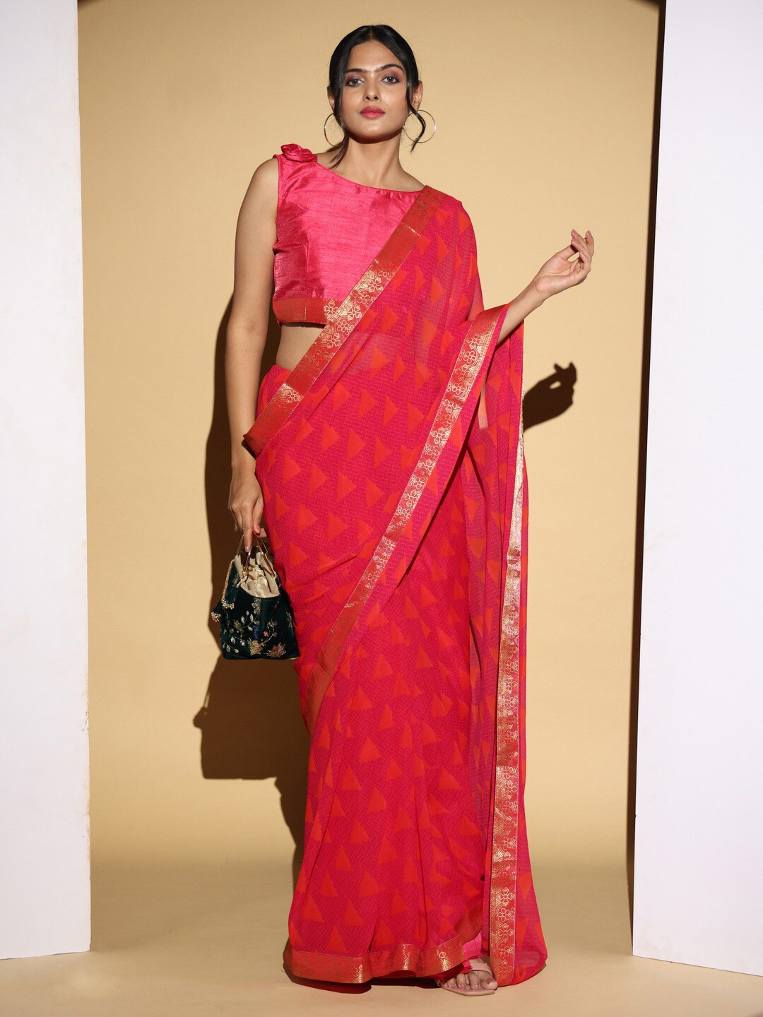 

Atulyam Tex World Geometric Printed Zari Poly Georgette Saree, Pink