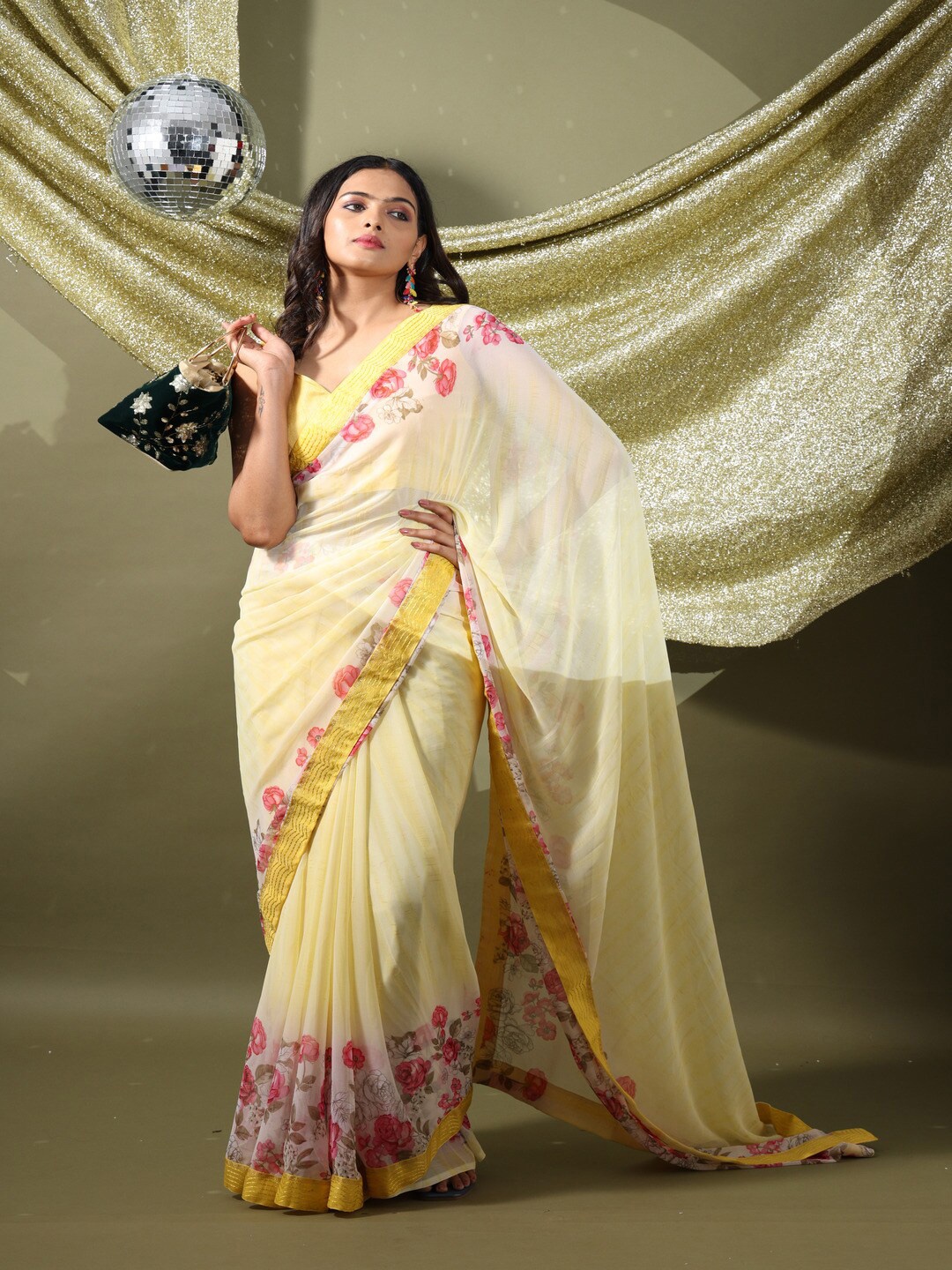

Atulyam Tex World Floral Printed Zari Poly Georgette Saree, Yellow