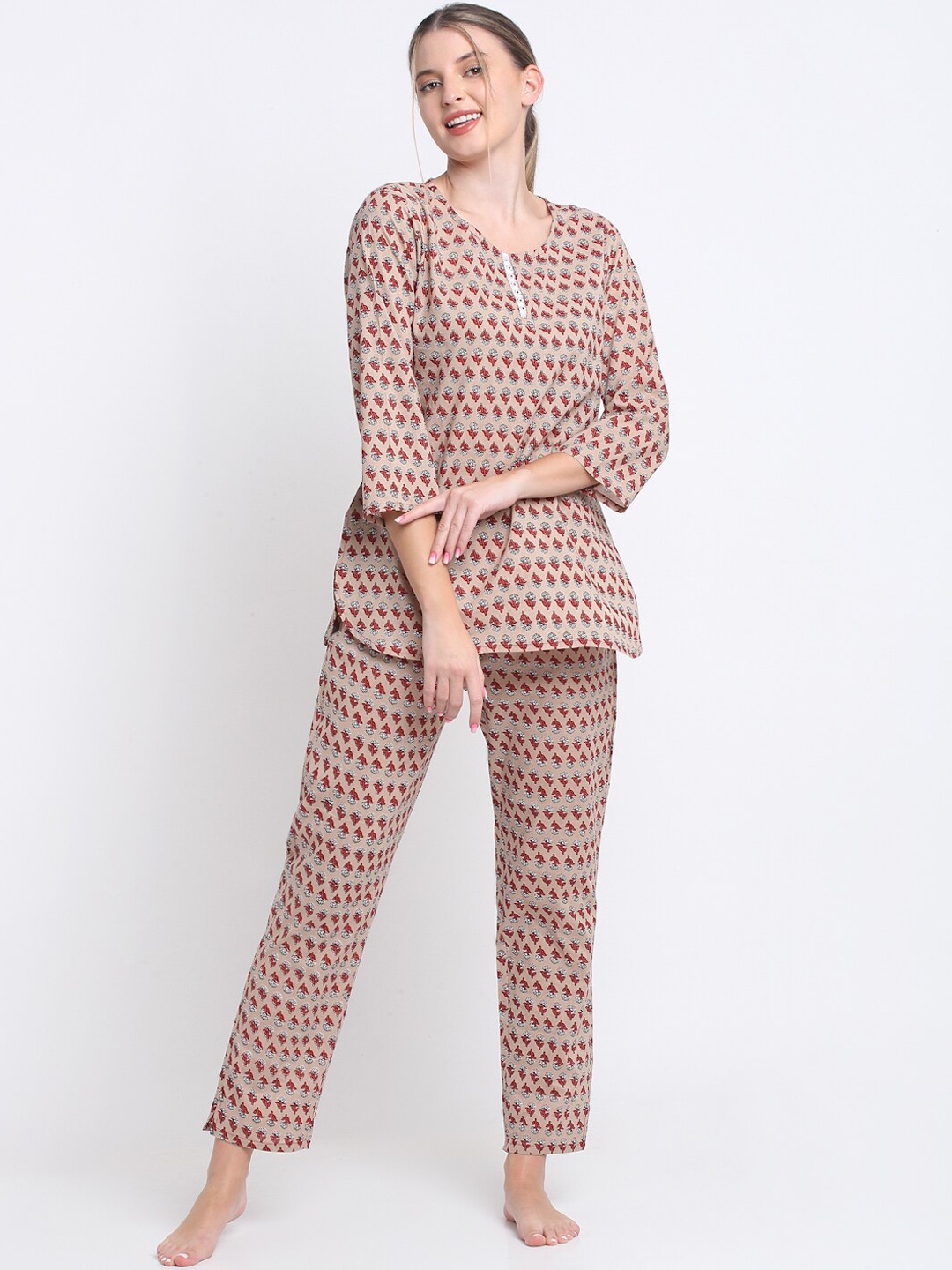 

KALINI Ethnic Motif Printed Pure Cotton Night suit, Brown