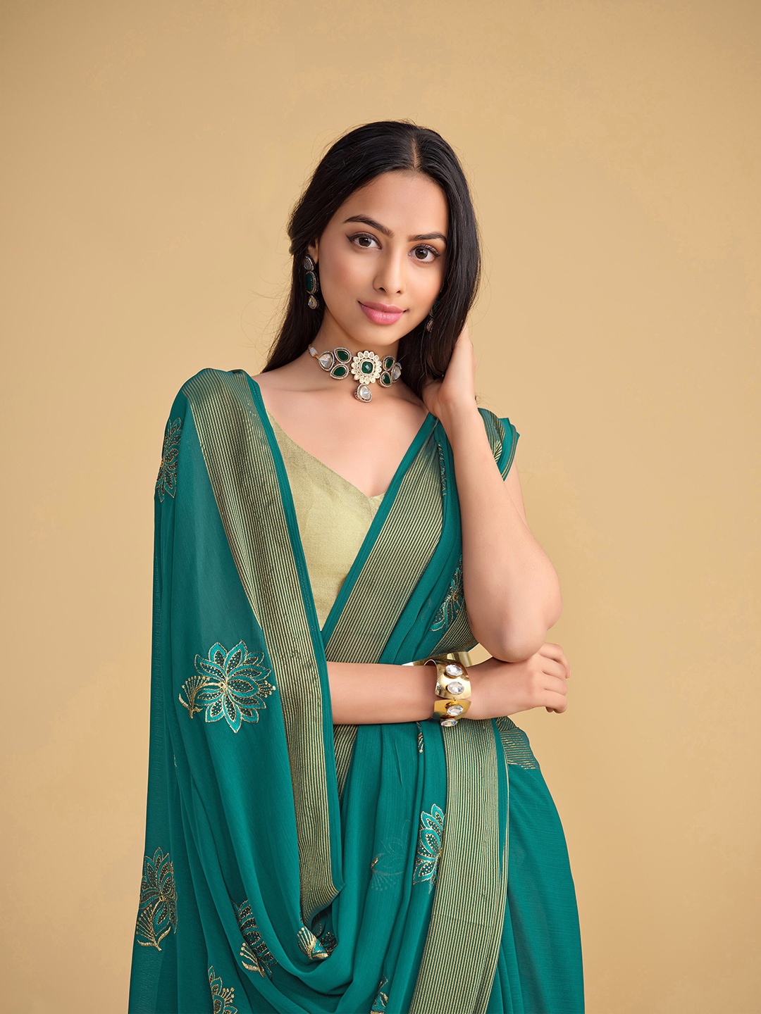 

Sangria Floral Embroidered Saree, Sea green