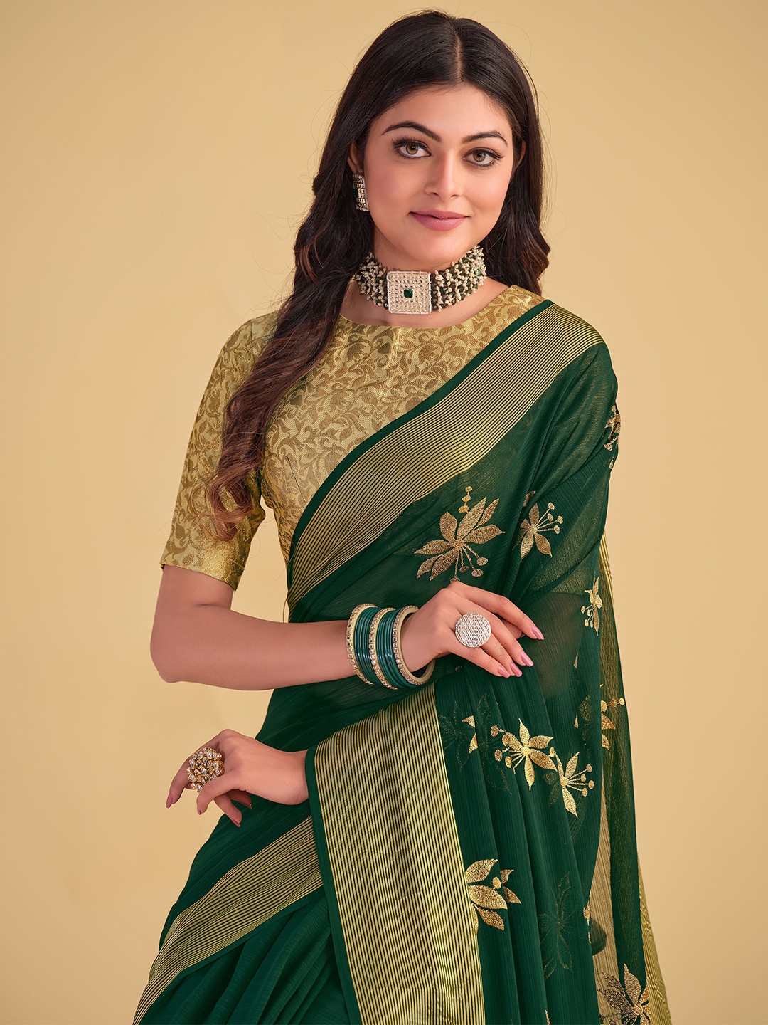 

Sangria Green Floral Embroidered Zari Saree