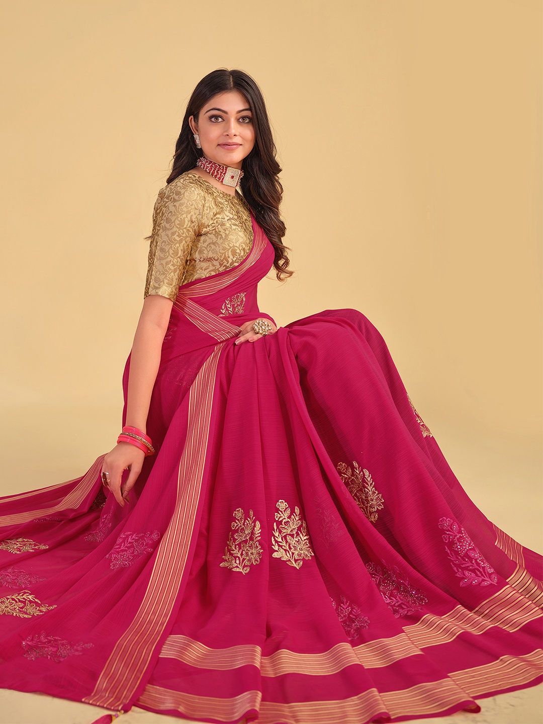 

Sangria Pink Floral Embroidered Saree