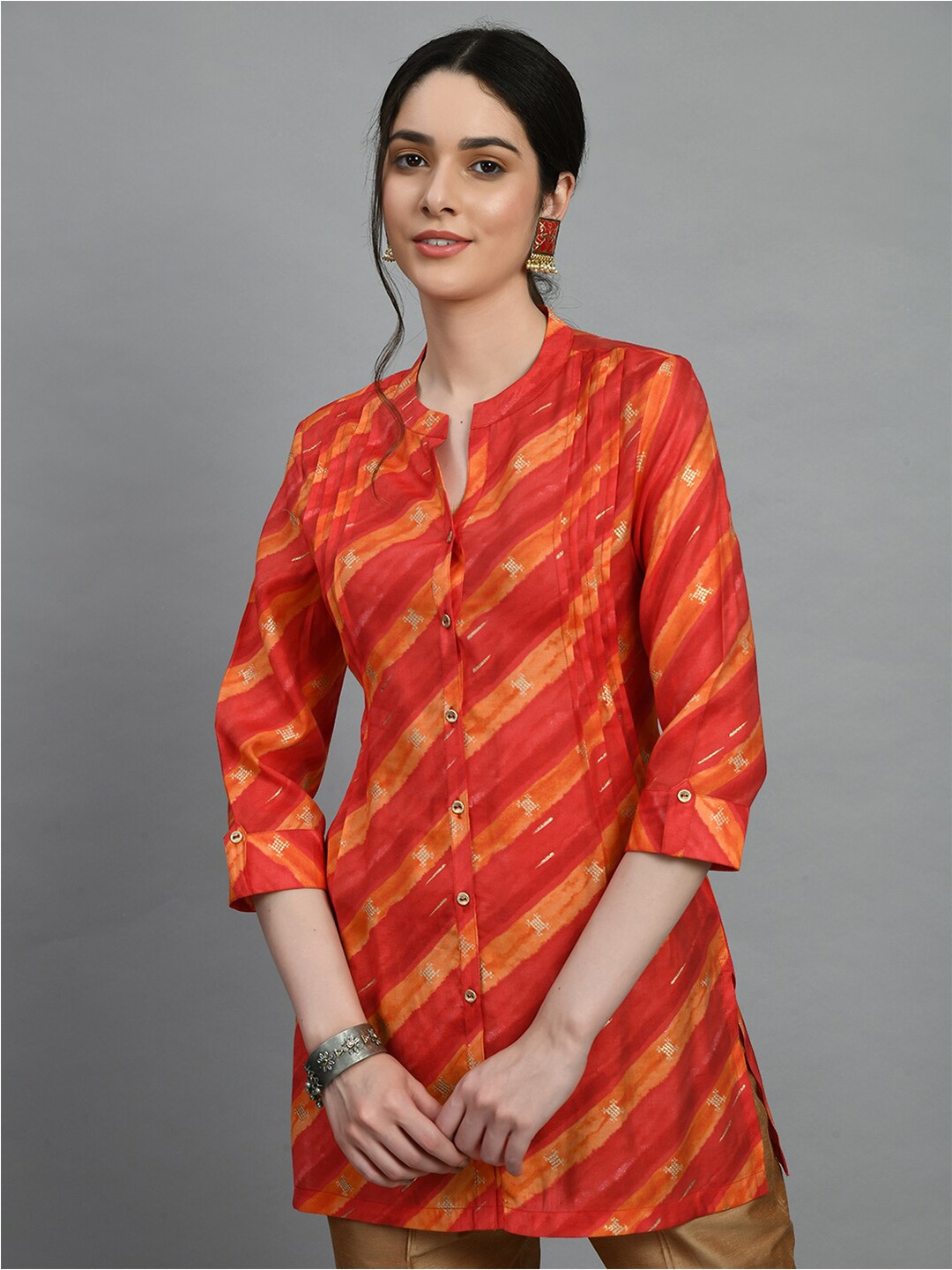 

MEESAN Modal Band Collar Printed Tunic, Orange