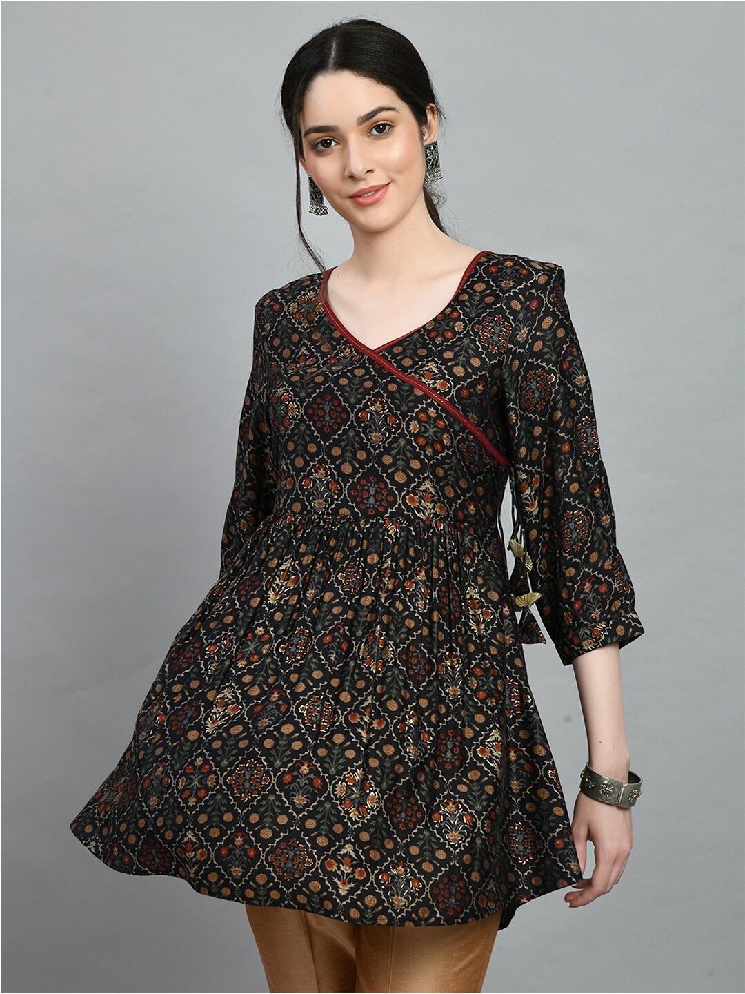 

MEESAN Floral Printed Modal Angrakha Tunics, Black
