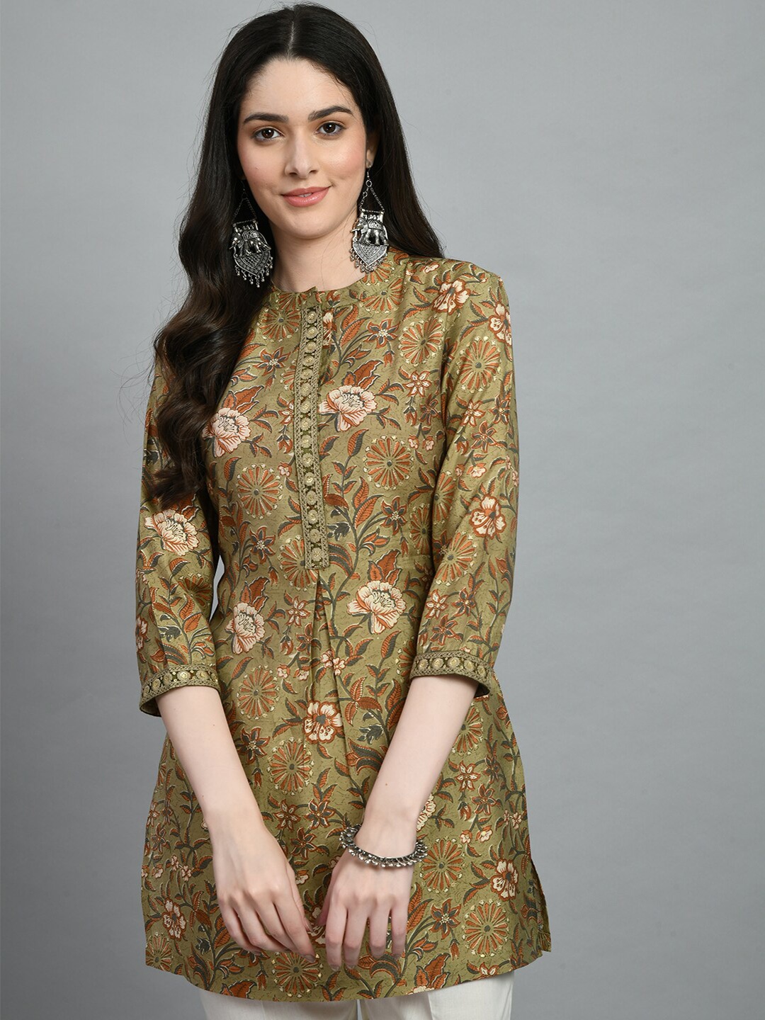 

MEESAN Modal Mandarin Collar Printed Tunic, Green
