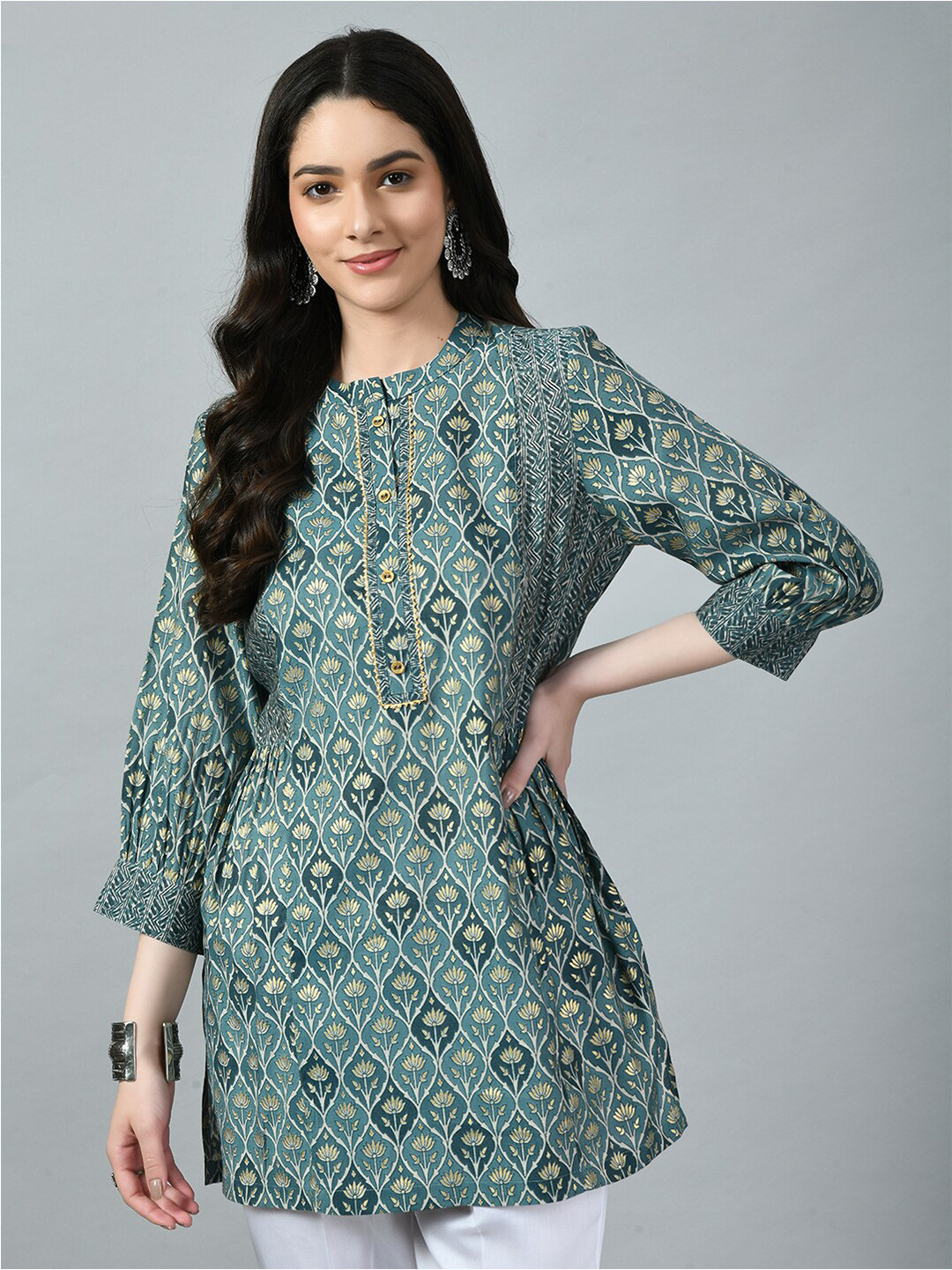 

MEESAN Mandarin Collar Floral Printed Modal Tunic With Gotta Patti, Blue