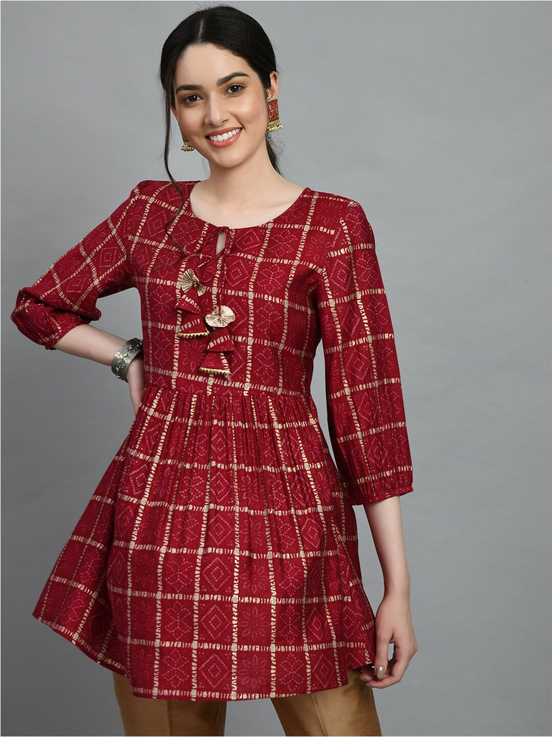 

MEESAN Bandhani Printed Gathers Tunic, Maroon