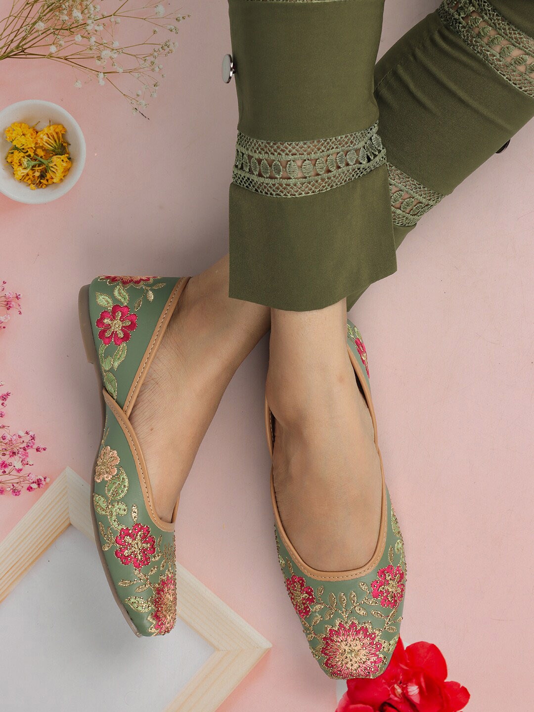 

ICONICS Embroidered Ethnic Mojaris Flats, Olive