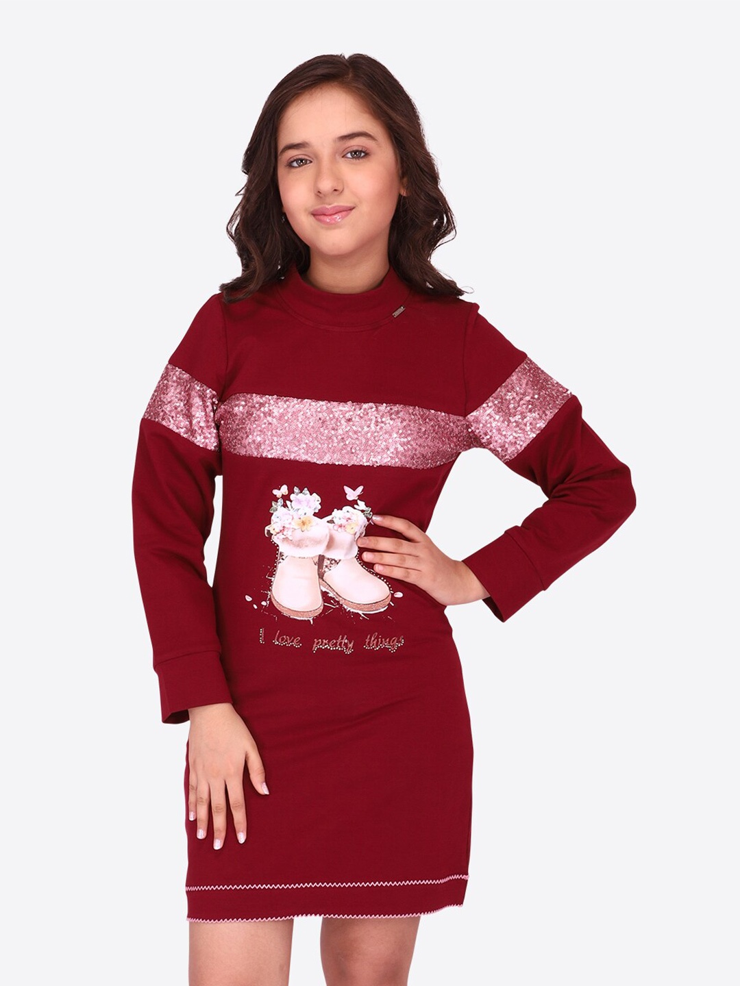 

CUTECUMBER Girls Graphic Printed Sequinned Sheath Dress, Maroon