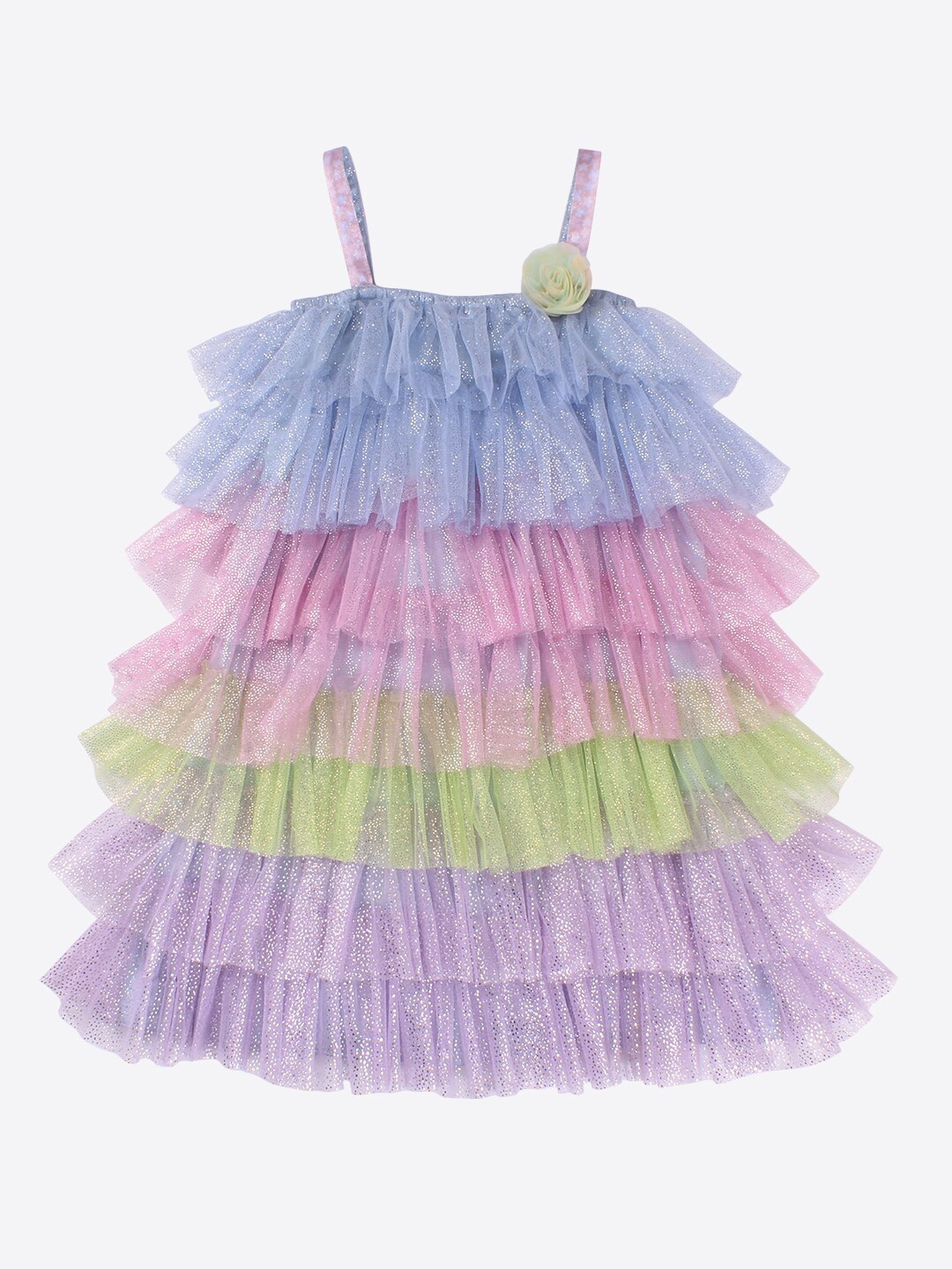

CUTECUMBER Girls Shoulder Strapped Ruffled A-Line Net Dress, Purple