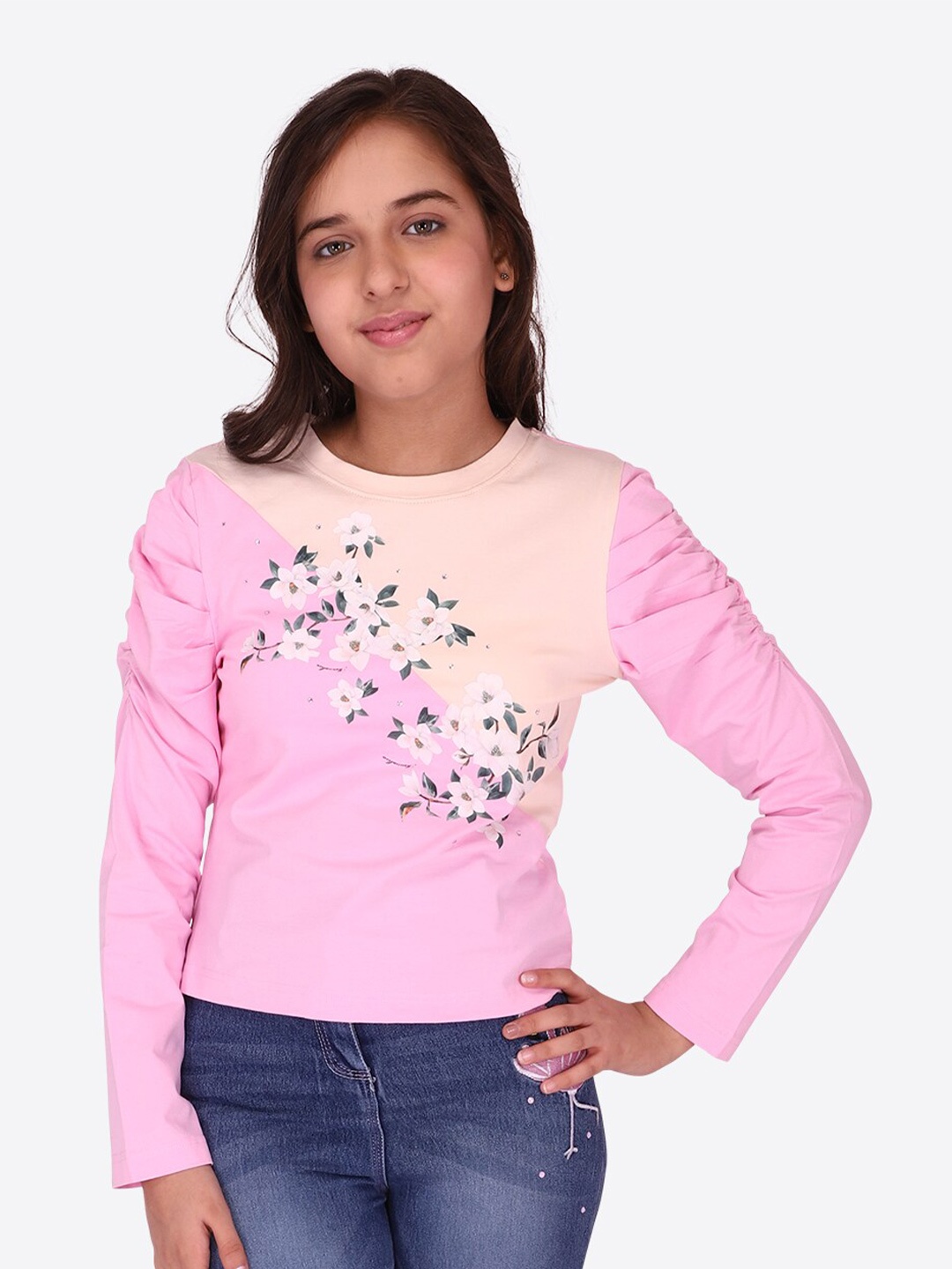 CUTECUMBER Girls Floral Print Georgette Top, Pink